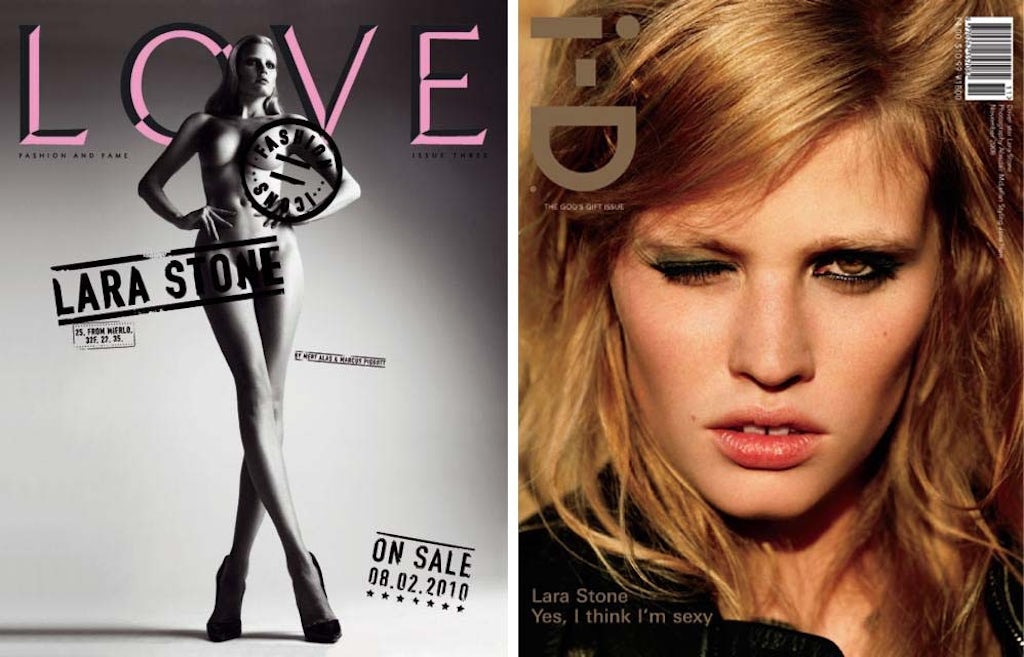 Lara Stone har været på forsiden af utallige magasiner som Love Magazine, fransk, amerikansk, italiensk, britisk og japansk Vogue, Numero, I-D og mange flere. Lara Stone har været på forsiden af utallige magasiner som Love Magazine, fransk, amerikansk, italiensk, britisk og japansk Vogue, Numero, I-D og mange flere.