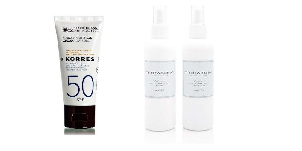 Yoghurt sunscreen face cream spf 50 fra Korres til 249 kr. for 50 ml. og Deluxe sun protection medium protection spf 15 fra Tromborg til 260 kr. Yoghurt sunscreen face cream spf 50 fra Korres til 249 kr. for 50 ml. og Deluxe sun protection medium protection spf 15 fra Tromborg til 260 kr.