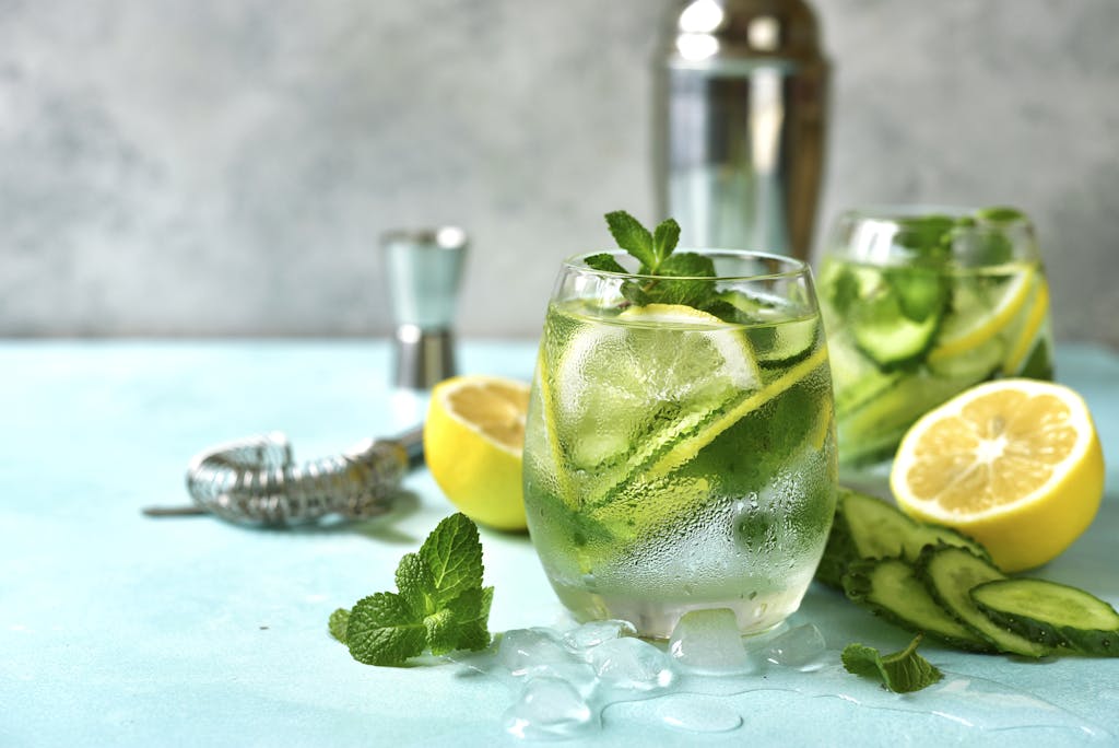 et glass gin og tonic drink med agurk og mynte