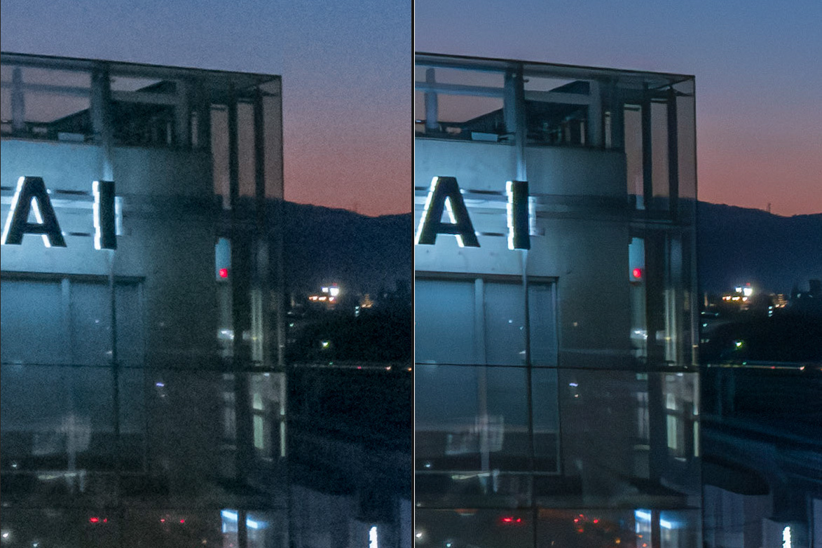 Tavallisella kohinanpoistolla ja tekoälypohjaisella Denoise-toiminnolla Lightroom Classicissa käsitellyt kuvat