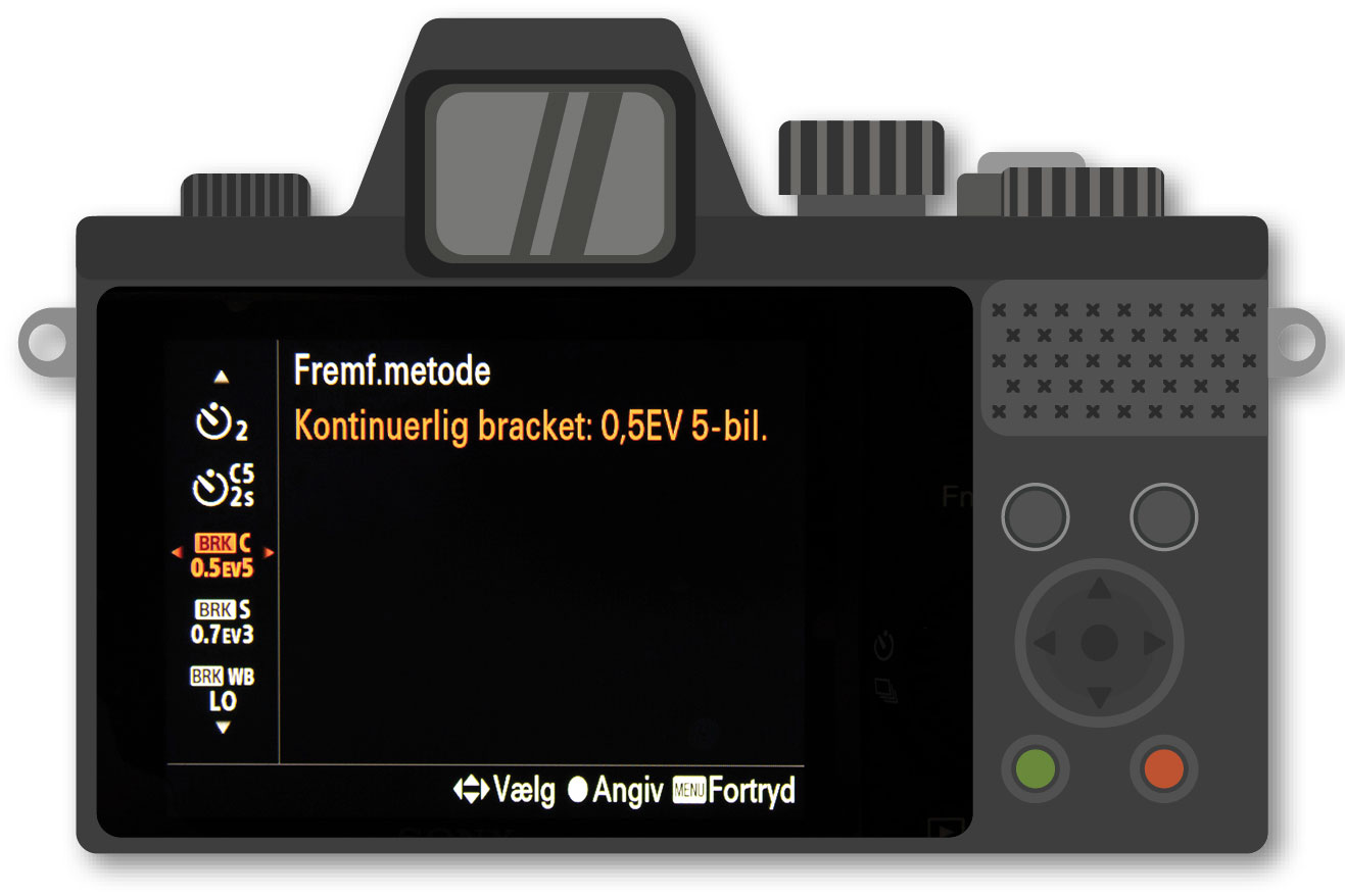 Vælg hvor mange billeder der skal skydes med forskelligt fokus i kameraets menu for fokusbracketing.