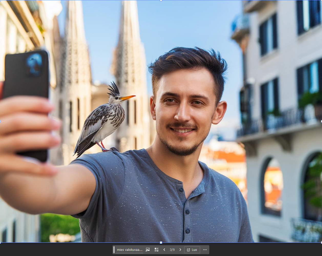 Kun kirjoitat Photoshopin Generoi kuva -toimintoon "Mies valokuvaa lintua kaupungissa" syntyy mm. tällainen kuva.