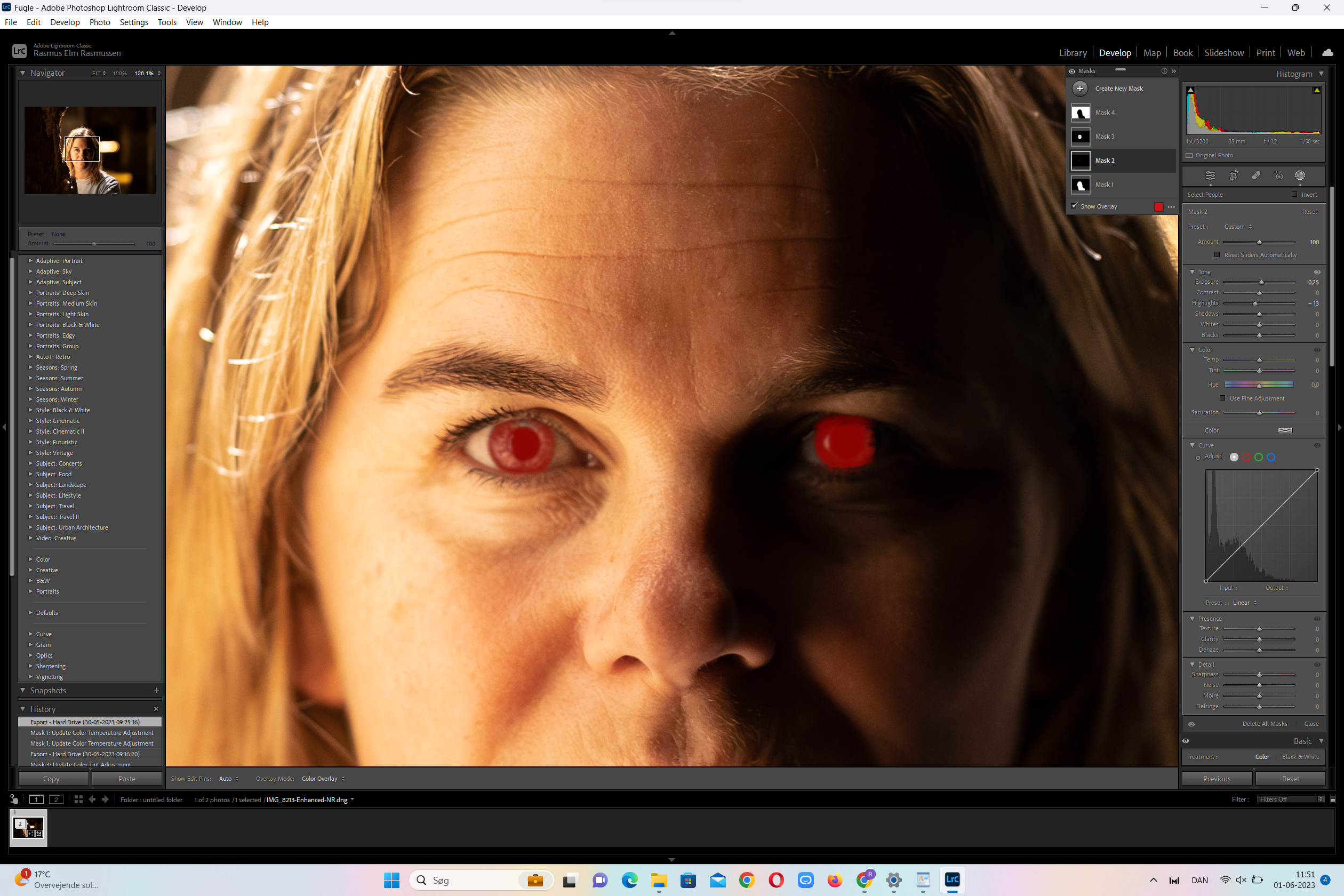 Du kan redigera både pupillerna och ögonvitorna med funktionen Markera personer under Masker.