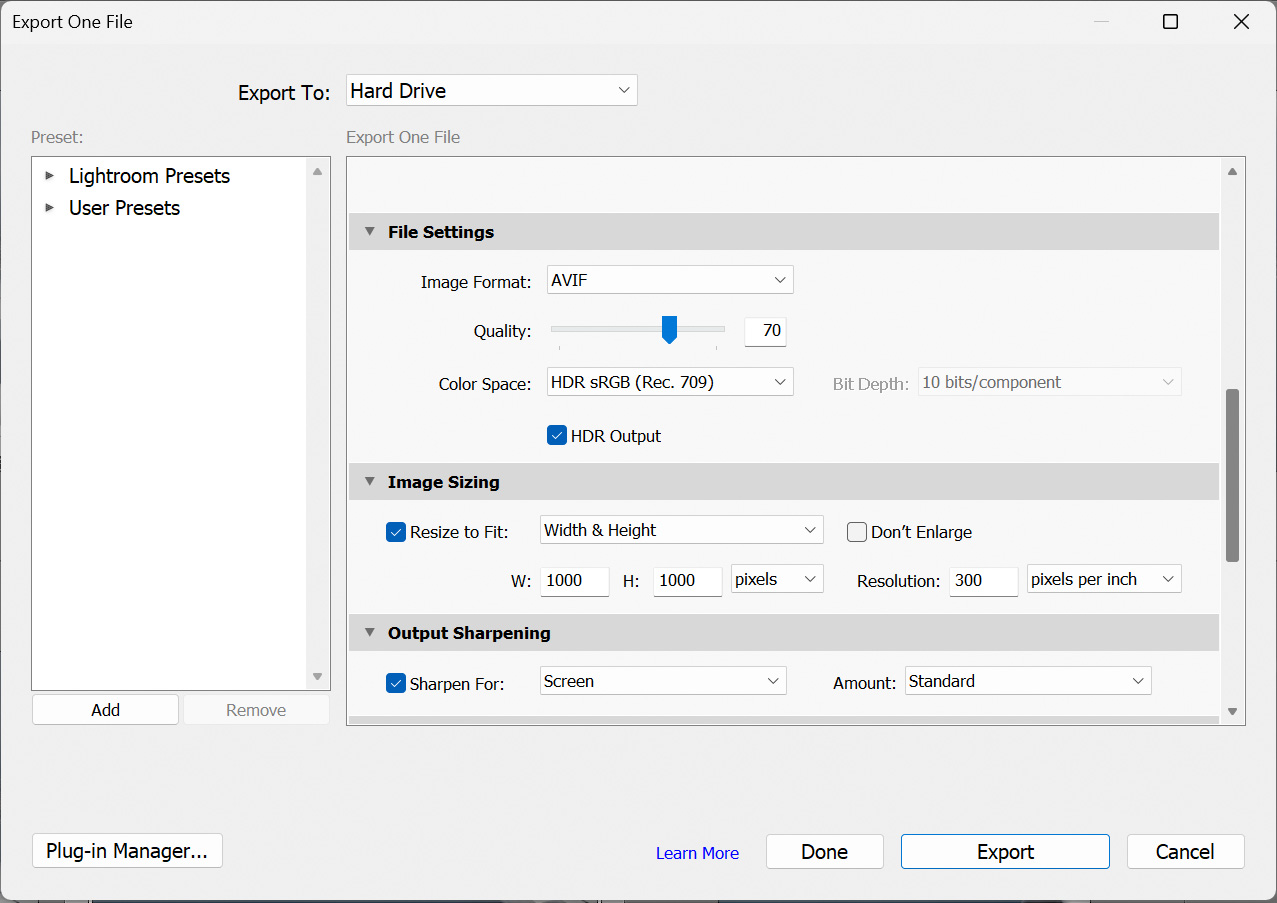 Export-modul i Lightroom