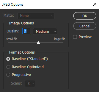 JPEG-asetukset Photoshopissa.