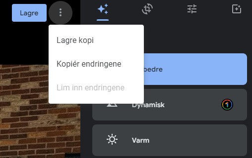 Du kan beholde den gamle versjonen av bildet og lagre en ny med endringene dine ved å velge «Lagre kopi».