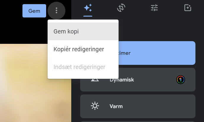 Du kan beholde den gamle version af billedet og gemme en ny med dine redigeringer ved at vælge "Gem kopi".