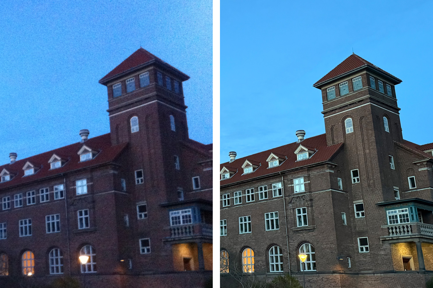 Bilder från blå timmen tagna med iPhone 4 och iPhone 15 Pro.