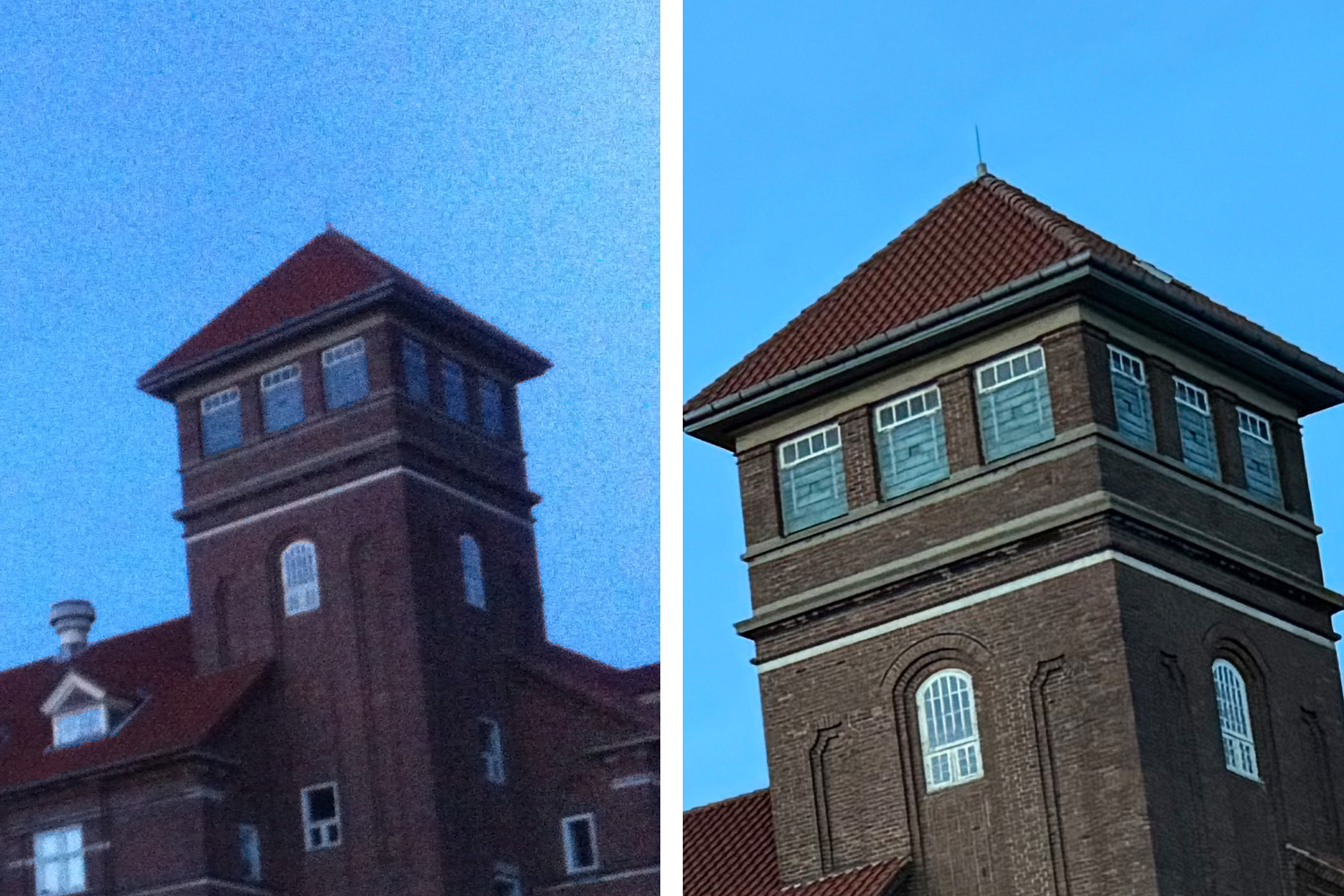 Detalj vid 100 procent zoom. Bilder tagna med iPhone 4 och iPhone 15 Pro.