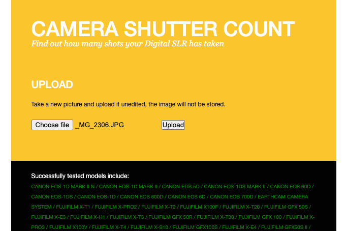 Shutter count på kameraet, der er brugt, oplyses, når man uploader en jpg-fil fra kameraet til denne side.