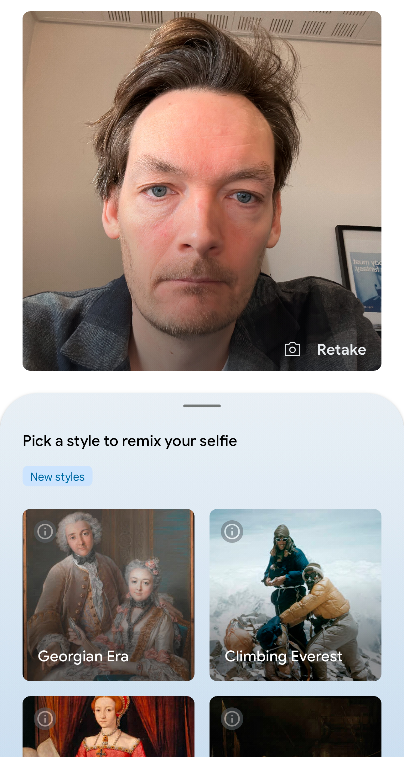 Velg en av rammene, og så begynner KI-motoren å generere portrettet ditt.