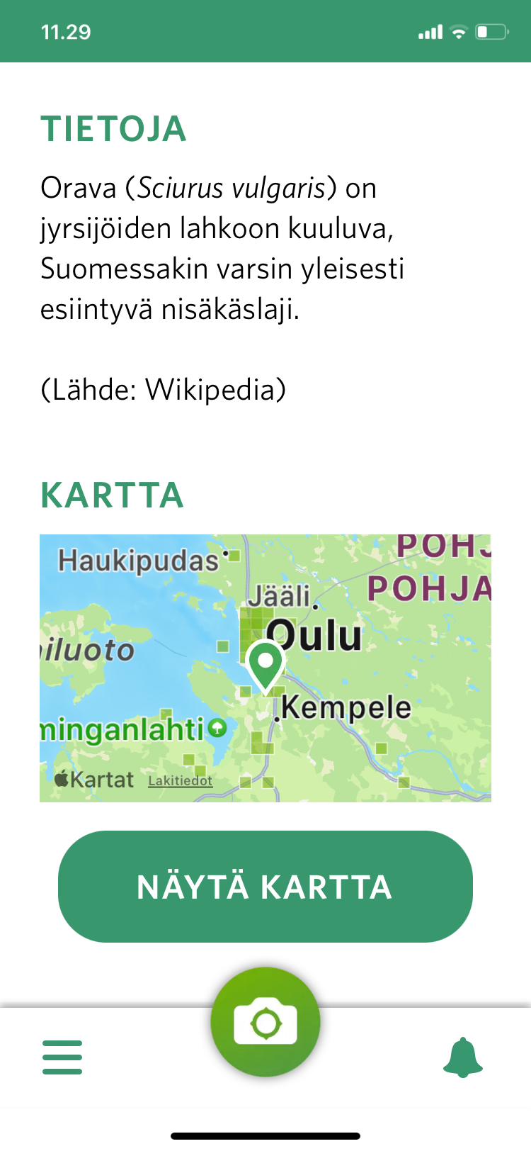 Sovellus näyttää kartalla, missä eläimiä on havaittu, ja antaa tietoa niistä.