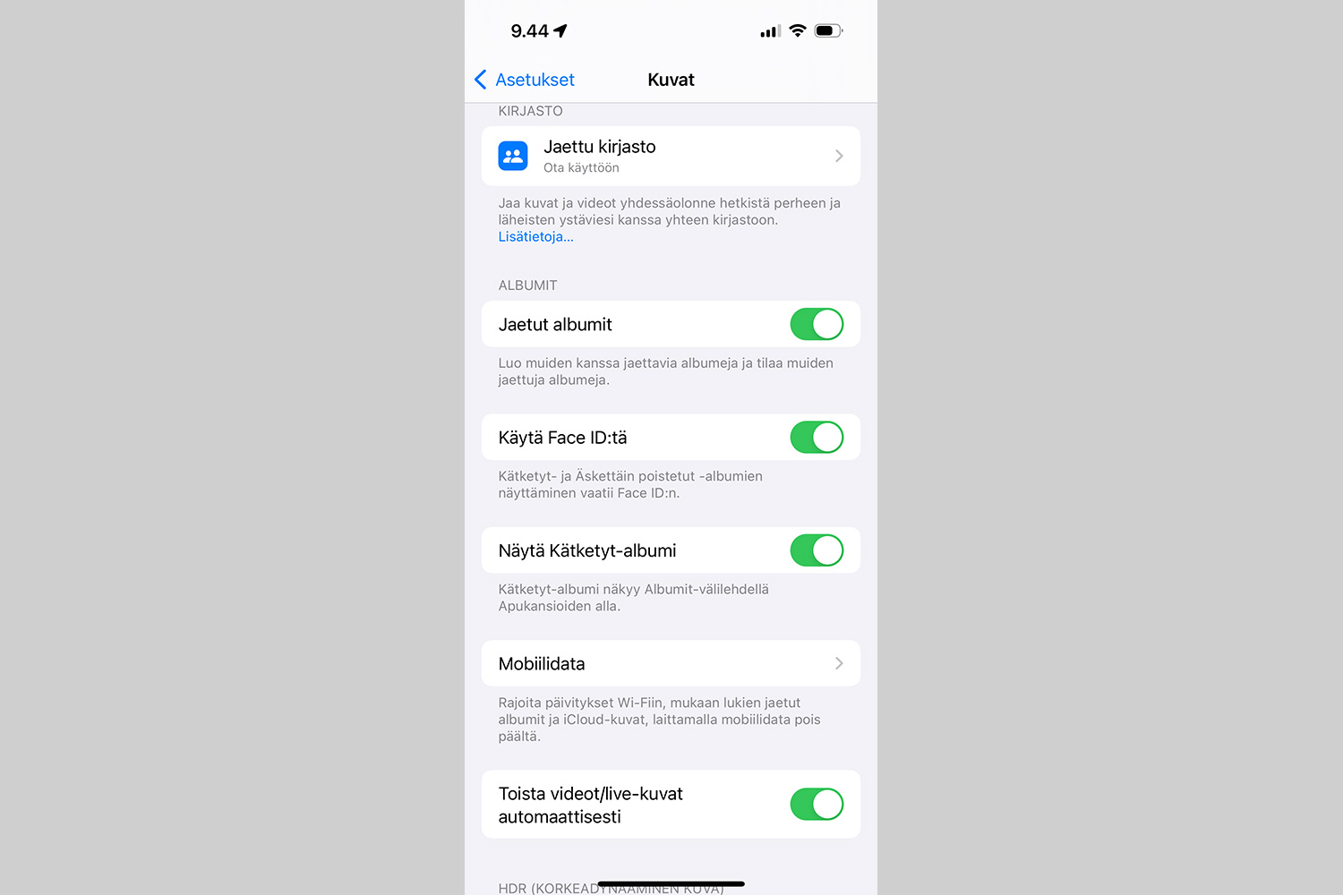 Asetukset iPhonella.
