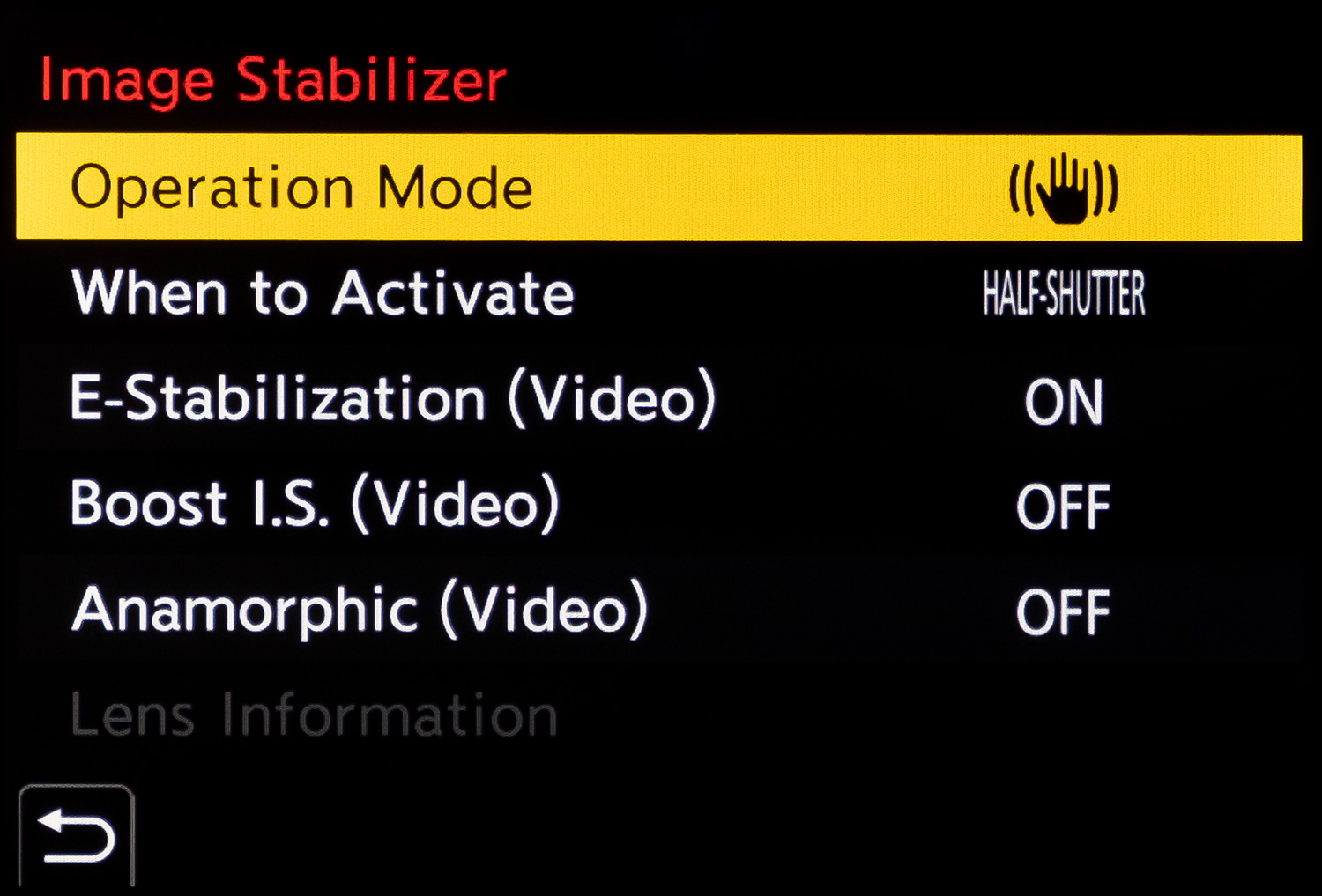 Meny med innstillinger for bildestabilisering i kameraet
