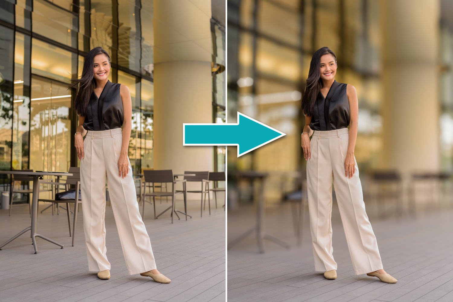 Alkuperäinen kuva ja Lightroom Classicin Lens Blur -toiminnolla säädetty versio