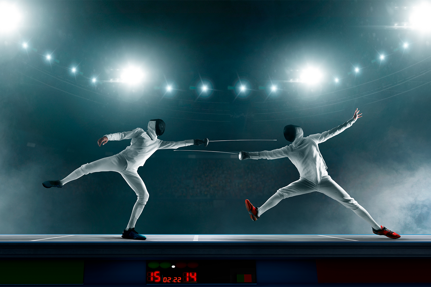 Fægtekamp i arena med lys