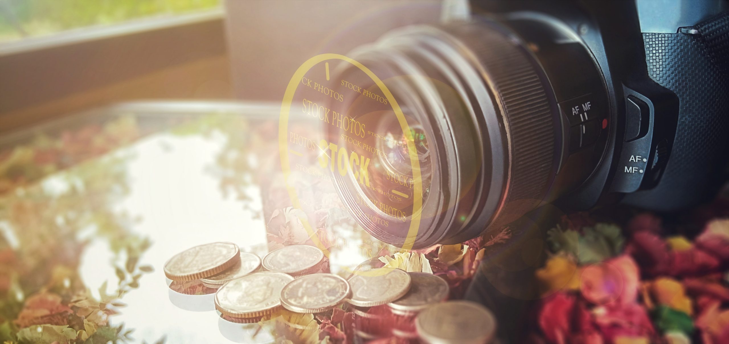 Kamera omgiven av mynt efter försäljning av ett stockfoto