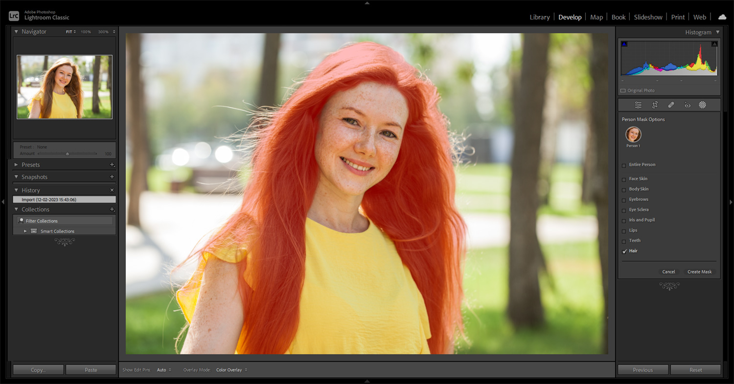 Hår på person markeret i Lightroom