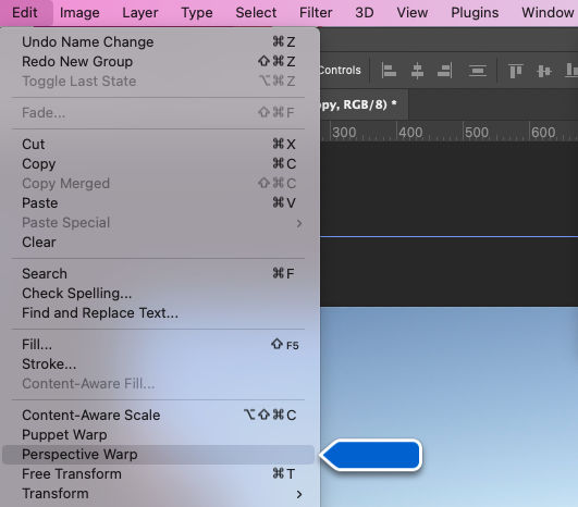 Menyn Redigera i bildbehandlingsprogrammet Photoshop visar verktyget Tänj perspektiv