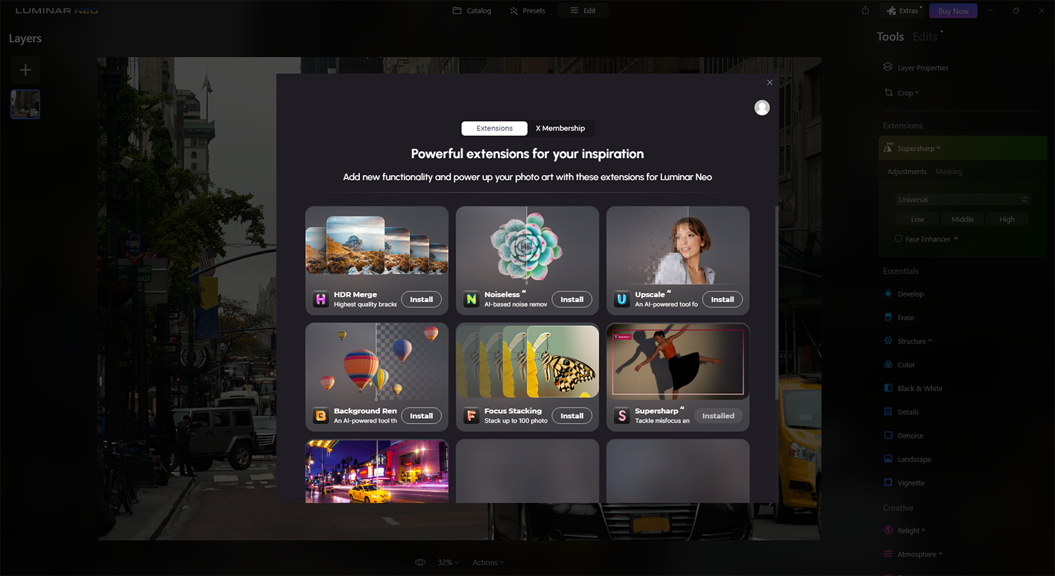 Utvidelser i Skylum Luminar Neo