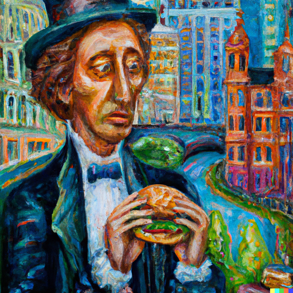 kunstig intelligens skaper bilde med oljemalerieffekt av Hans Christian Andersen som spiser hamburger i en moderne storby
