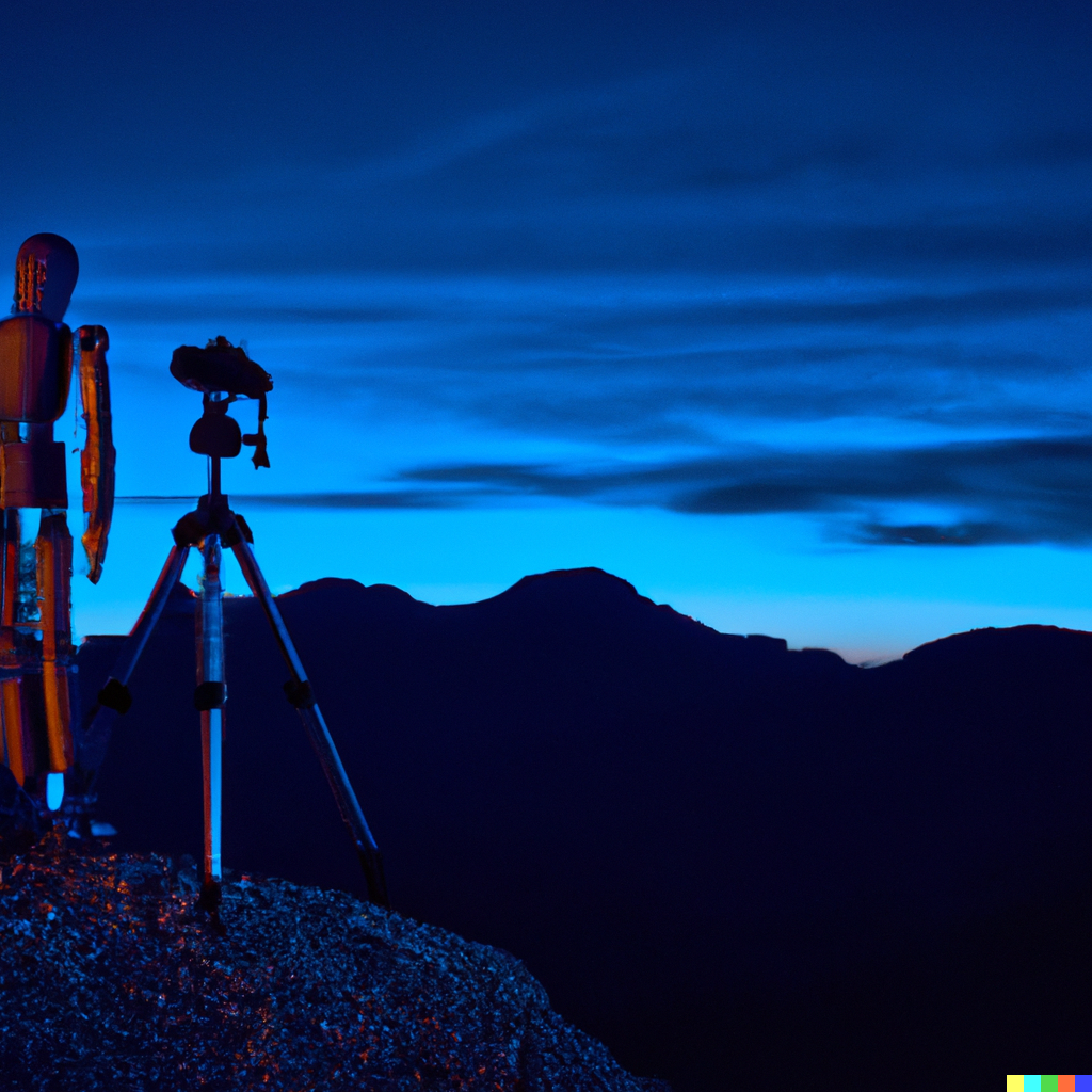 Robot fotograferer med stativ i blåtimen ut over europeiske fjellkjeder