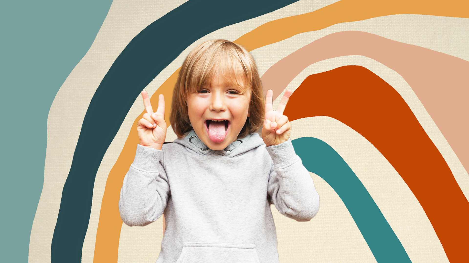 Pojat näyttävät kieltä Photoshop Elements 2023:ssa tehdyllä hauskalla taustalla