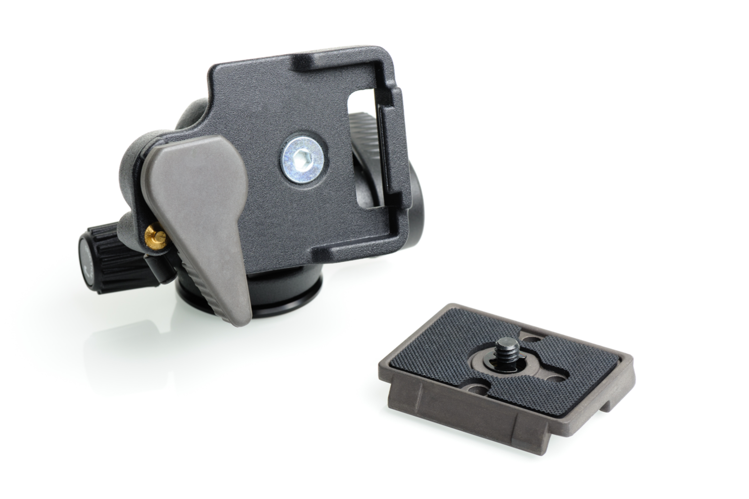 Kamerajalustan pää ja pikakiinnityslevy.