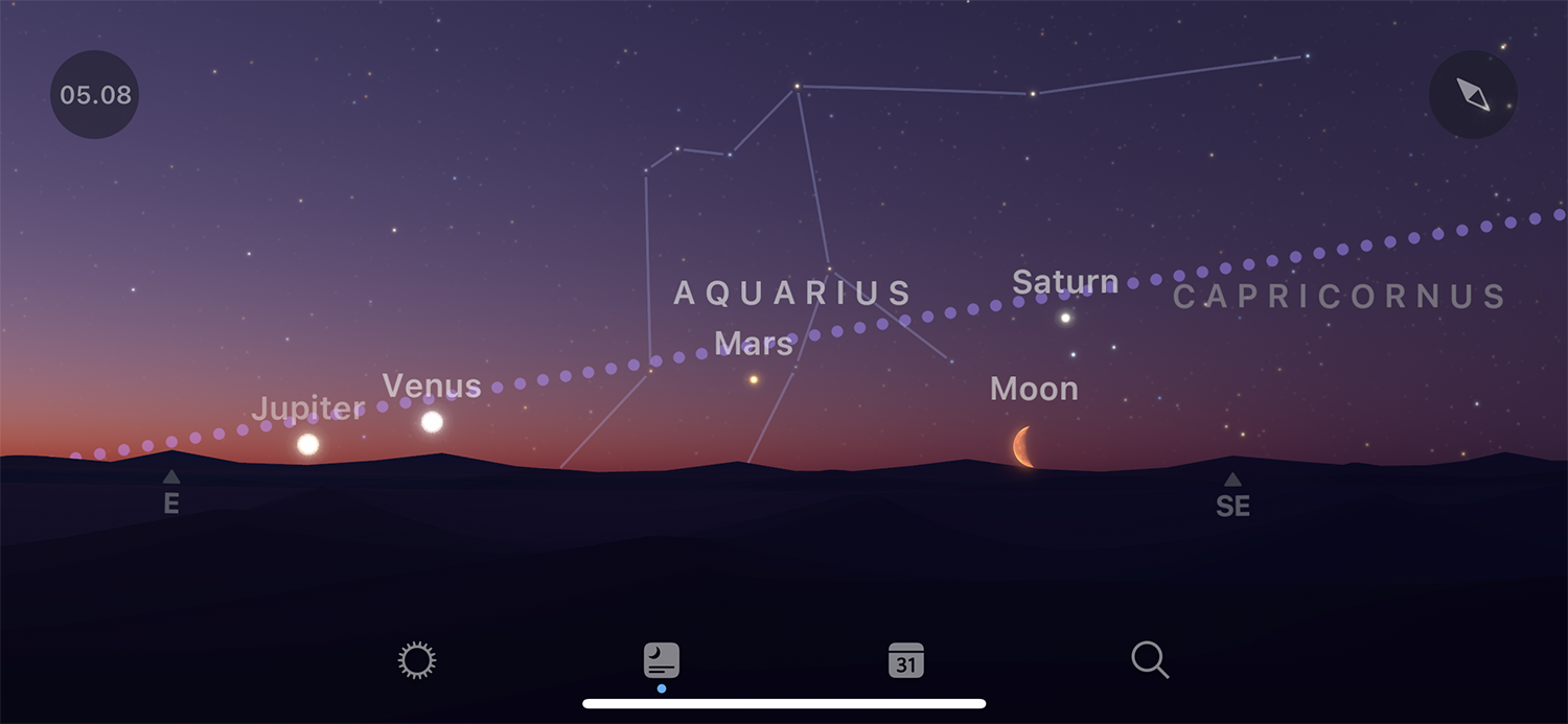 Planeter på stribe i Sky Guide.
