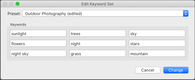 Keyword Set i Lightroom