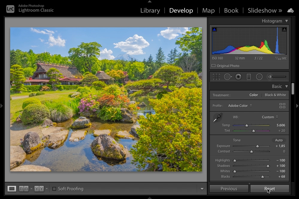 Återställningsknappen i Lightroom