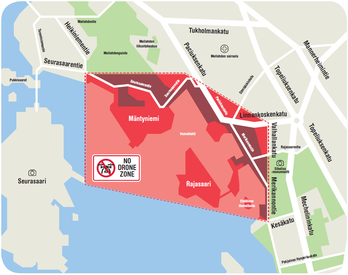 Kartta lentokieltoalueesta Helsingissä.
