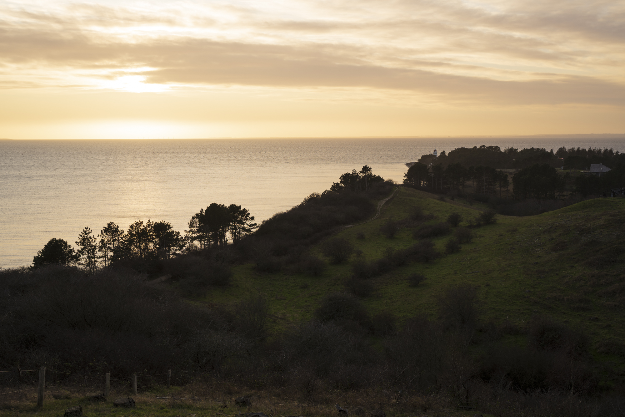 Landskab med solnedgang og orange toner
