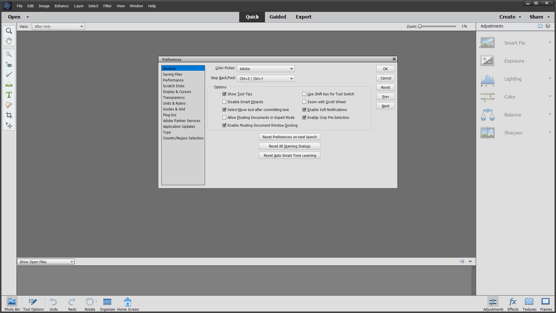 Preferences-vinduet i Photoshop Elements 