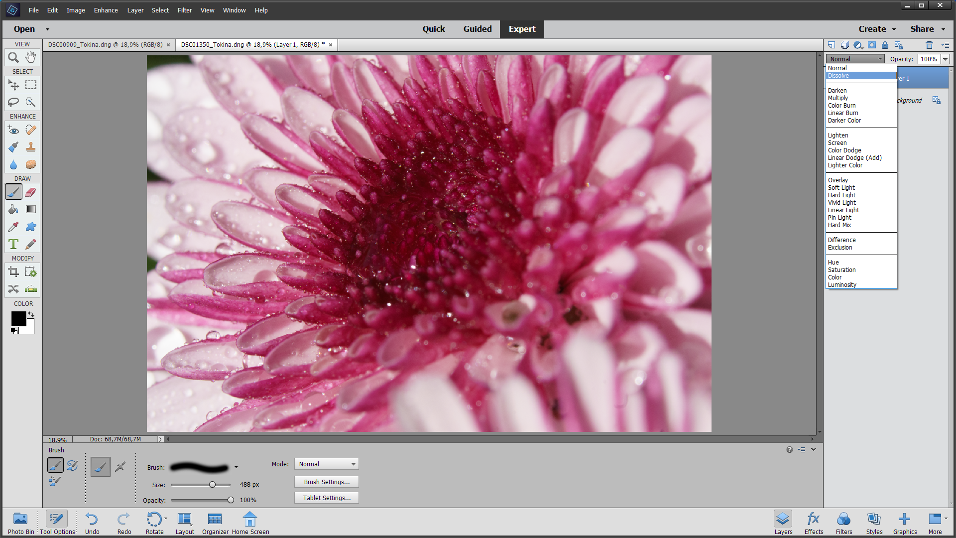 Skjermbilde av de forskjellige effektene du kan bruke i Photoshop Elements