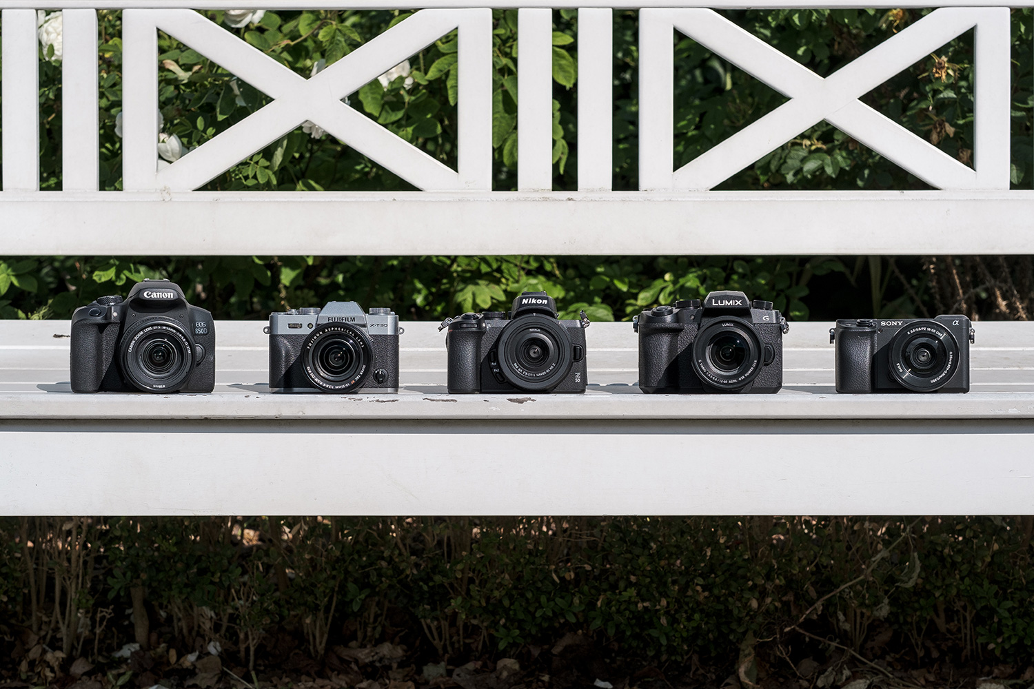 Canon EOS 850D yderst til venstre er et traditionelt spejlreflekskamera, mens de fire andre er spejlløse systemkameraer.