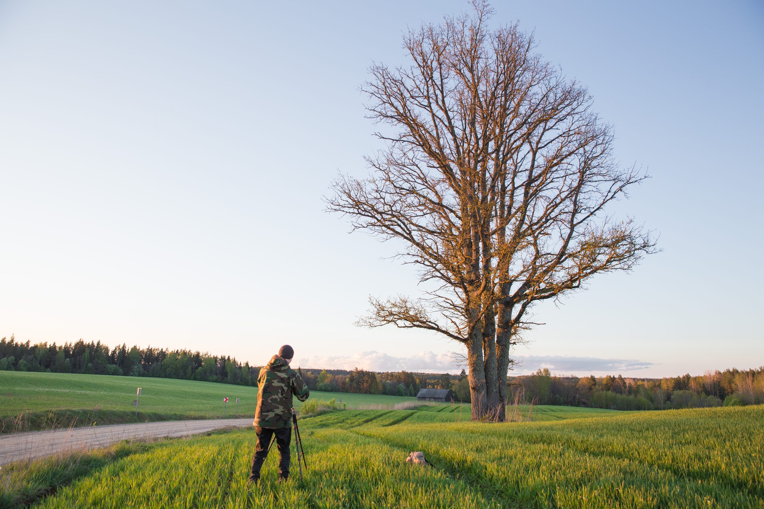 Naturfotograf står på en åker med kamera och kamerastativ
