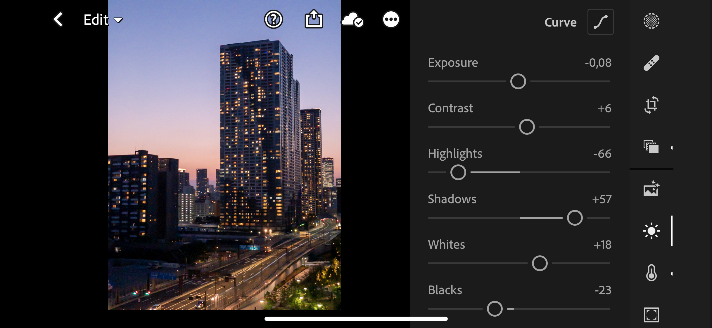 Justeringer i Lightroom på smarttelefon