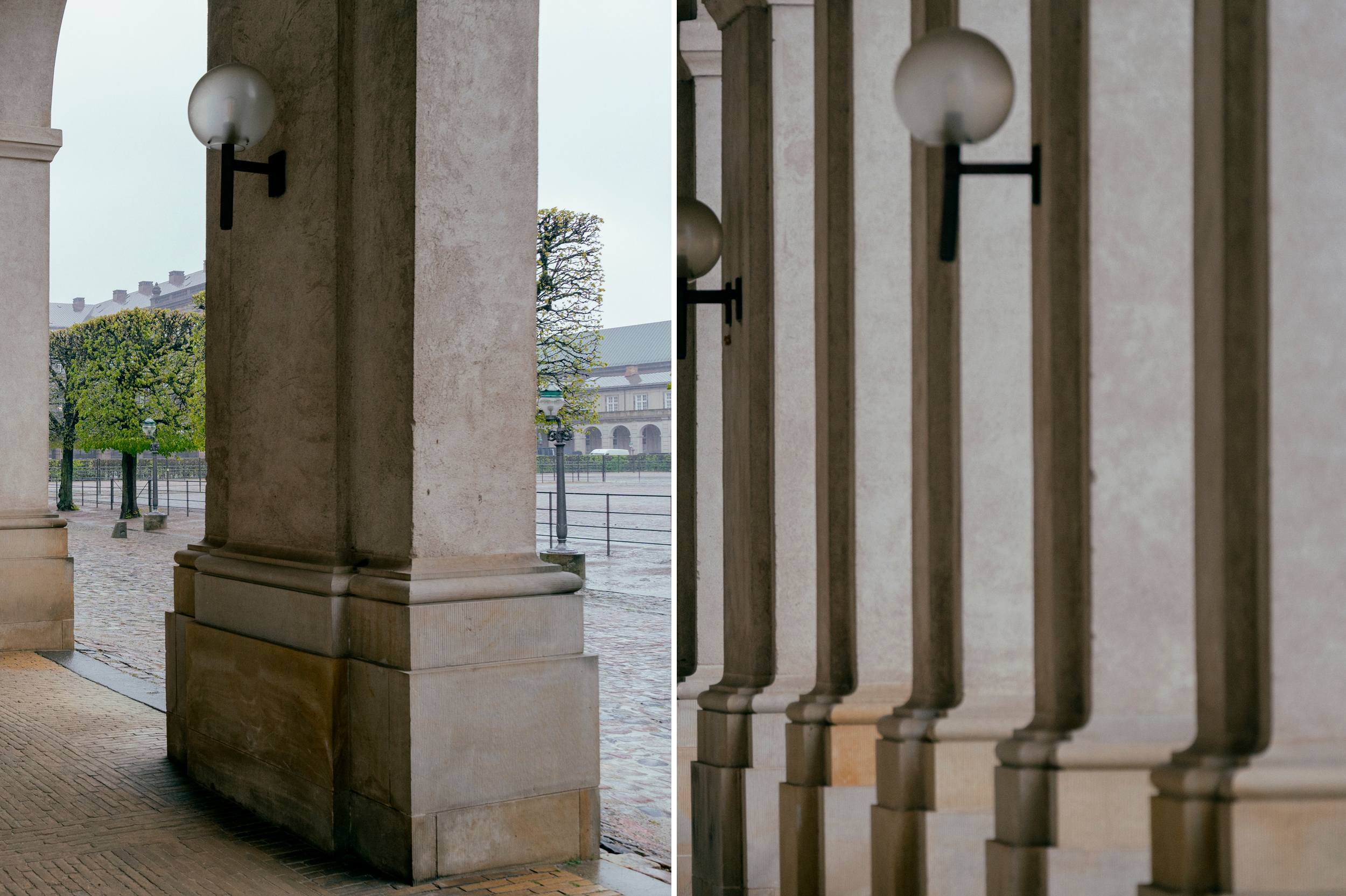 Søjlegang i København fotograferet med vidvinkelobjektiv og teleobjektiv