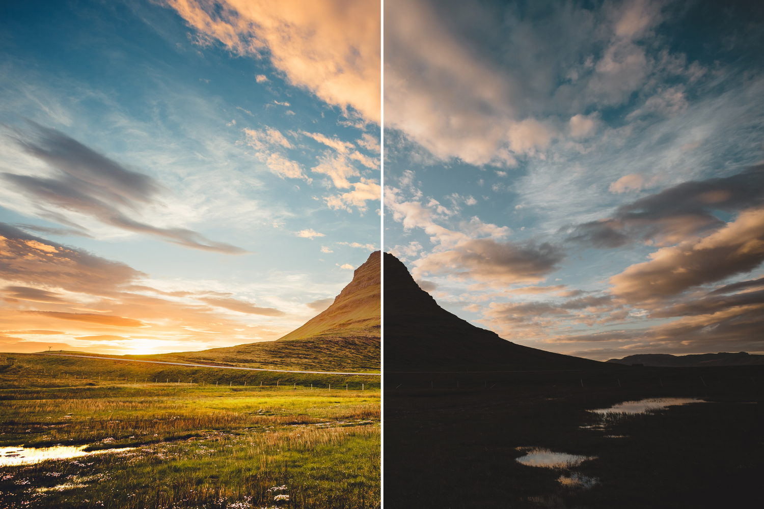 Före/efter-bild av vulkan på Island