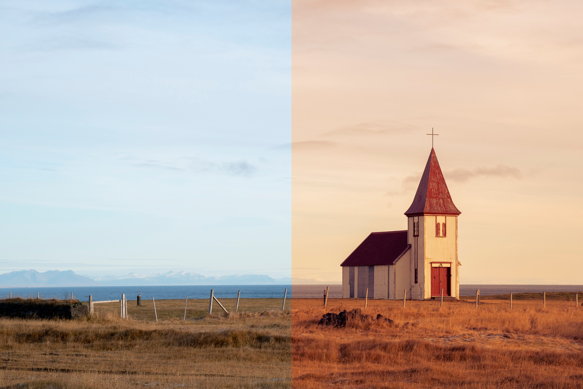 Bilde av kirke på Island med split toning