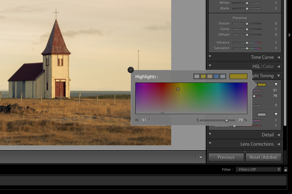 Skjermbilde av Split Toning fra Lightroom