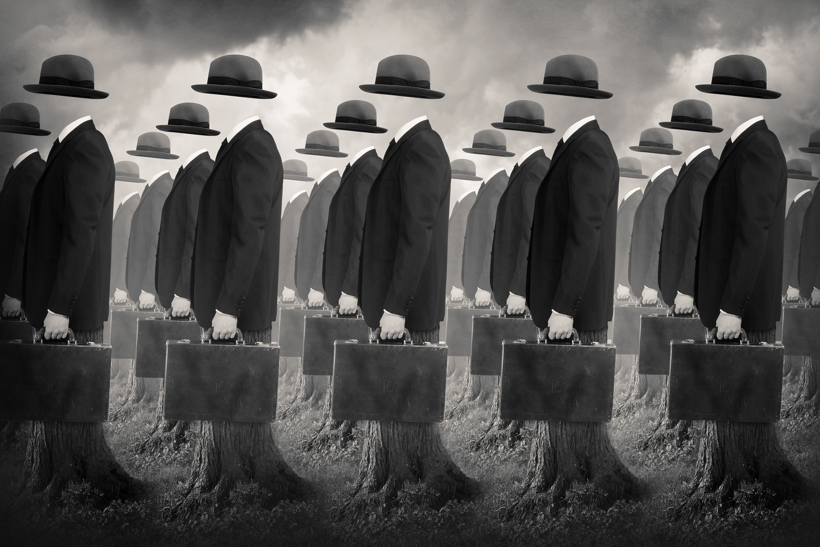 Skikkelser i jakkesæt med flyvende hatte og mapper