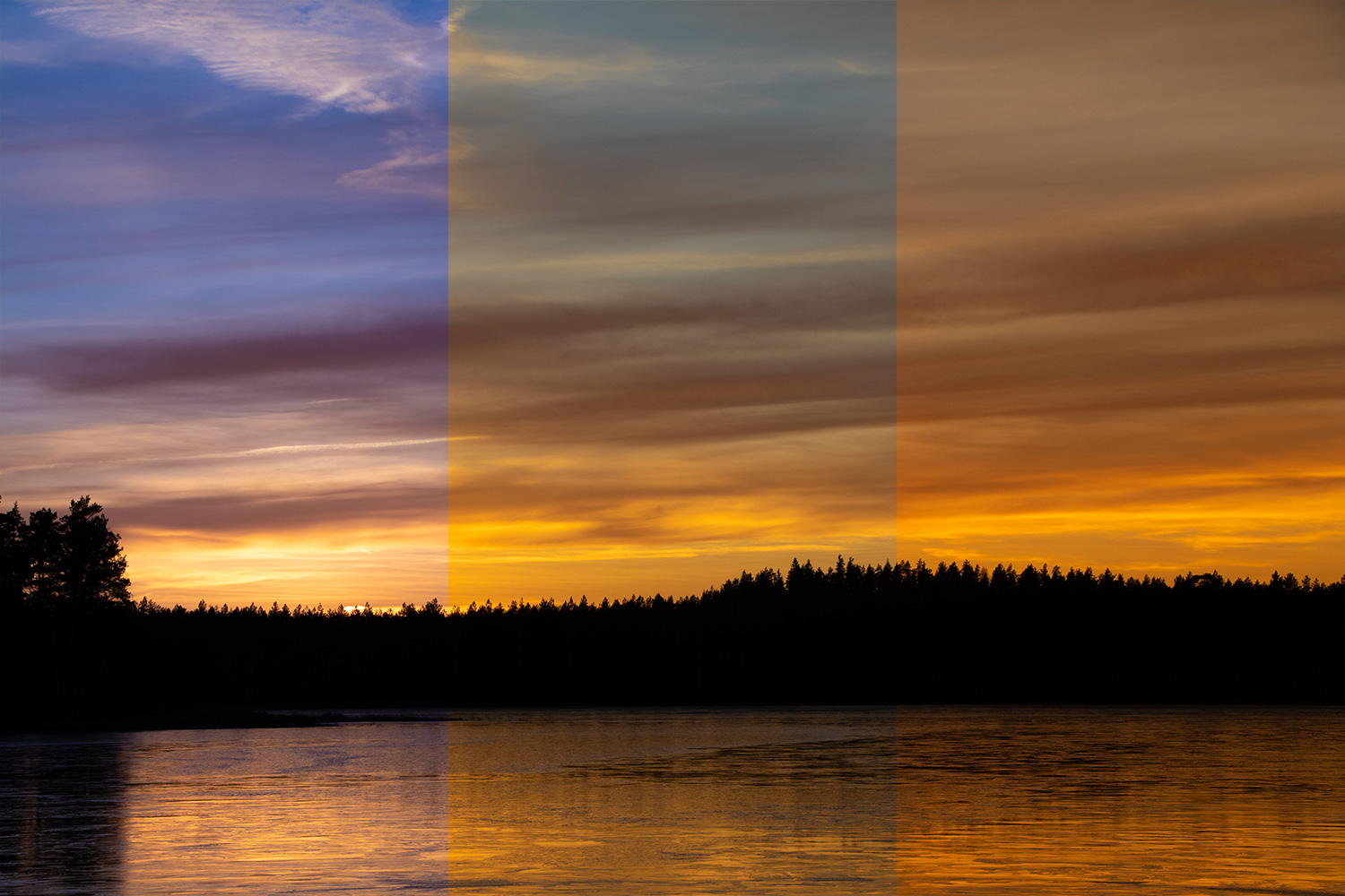 Bilde med tre forskjellige hvitbalanseinnstillinger