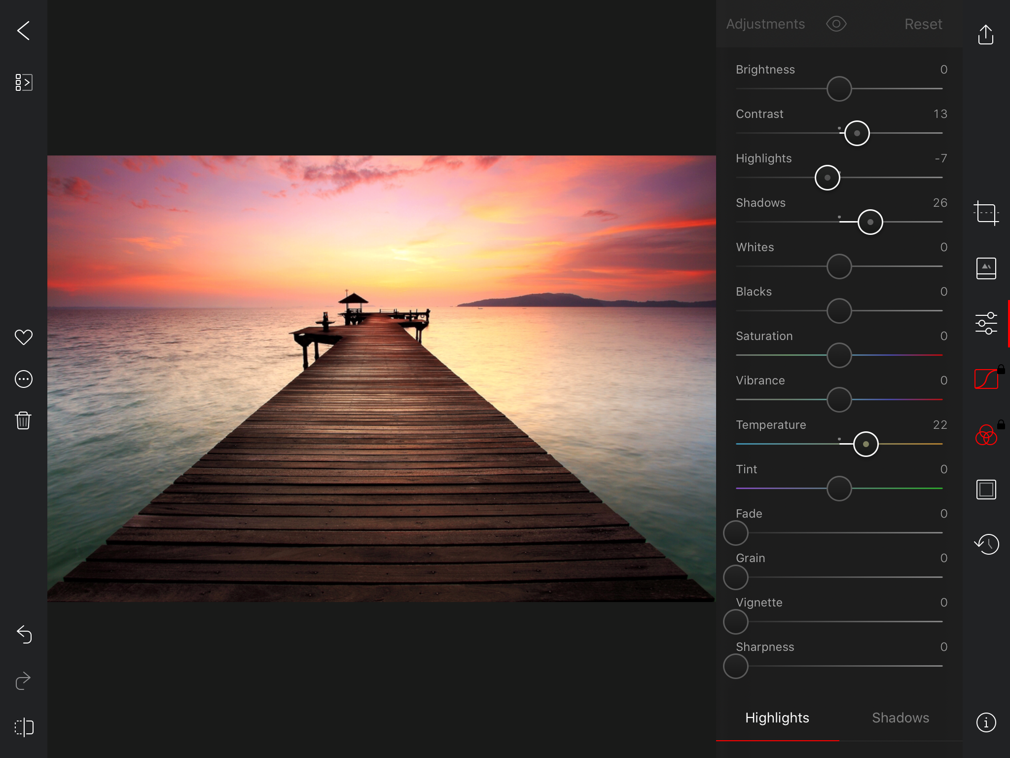Et skærmskud af Darkroom til tablet