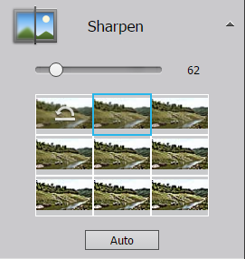 Et utsnitt av menyen Sharpen i Photoshop Elements.