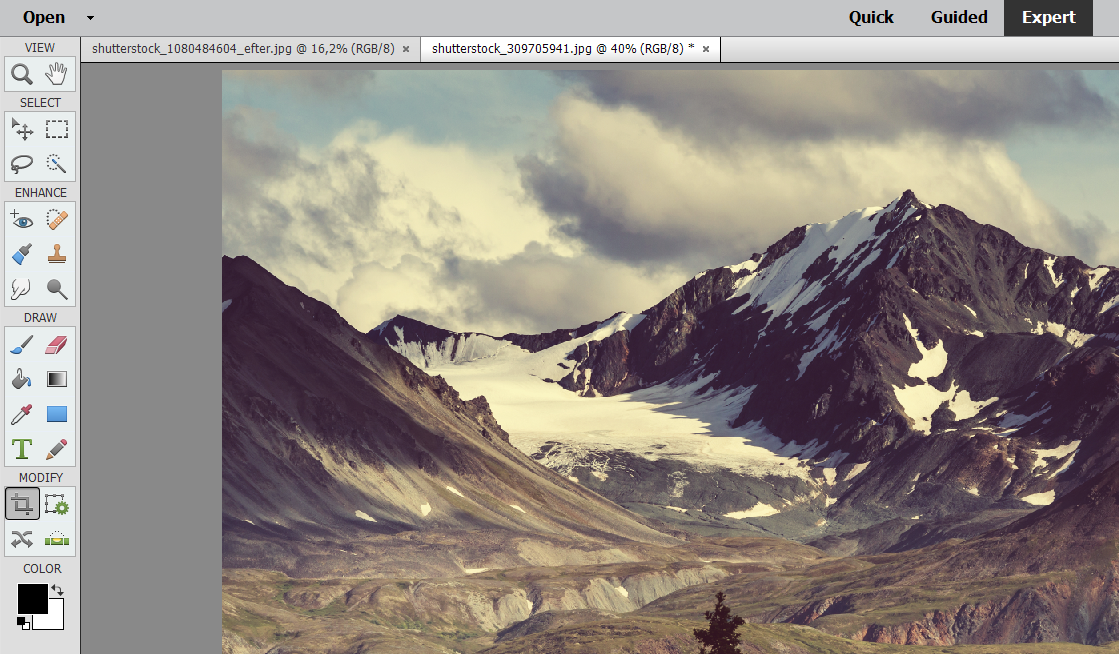 Slik ser Expert-menyen ut i Photoshop Elements
