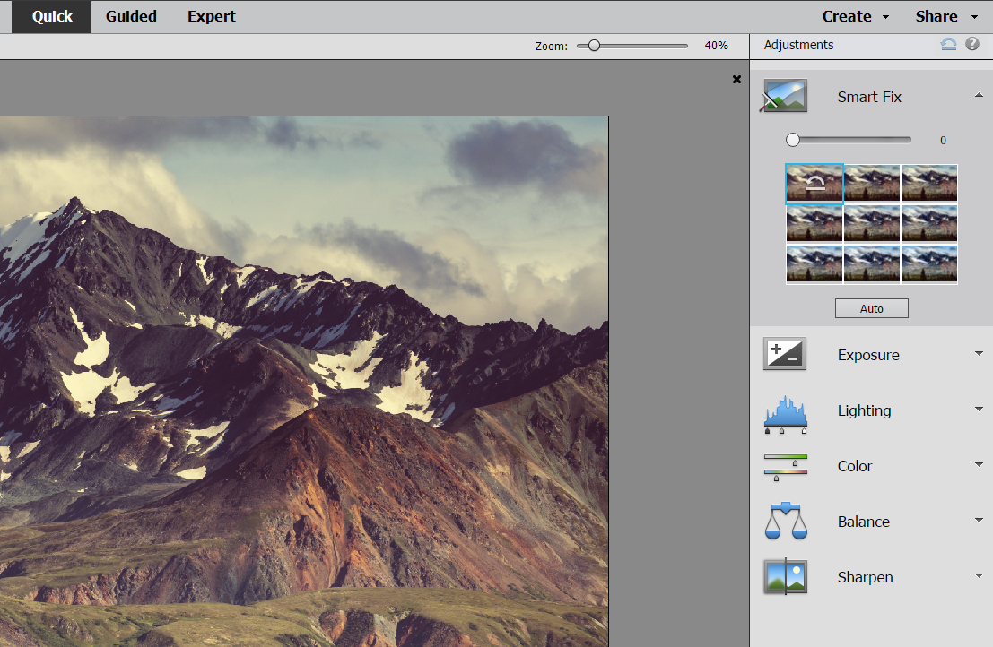 Quick-menuen i Photoshop Elements