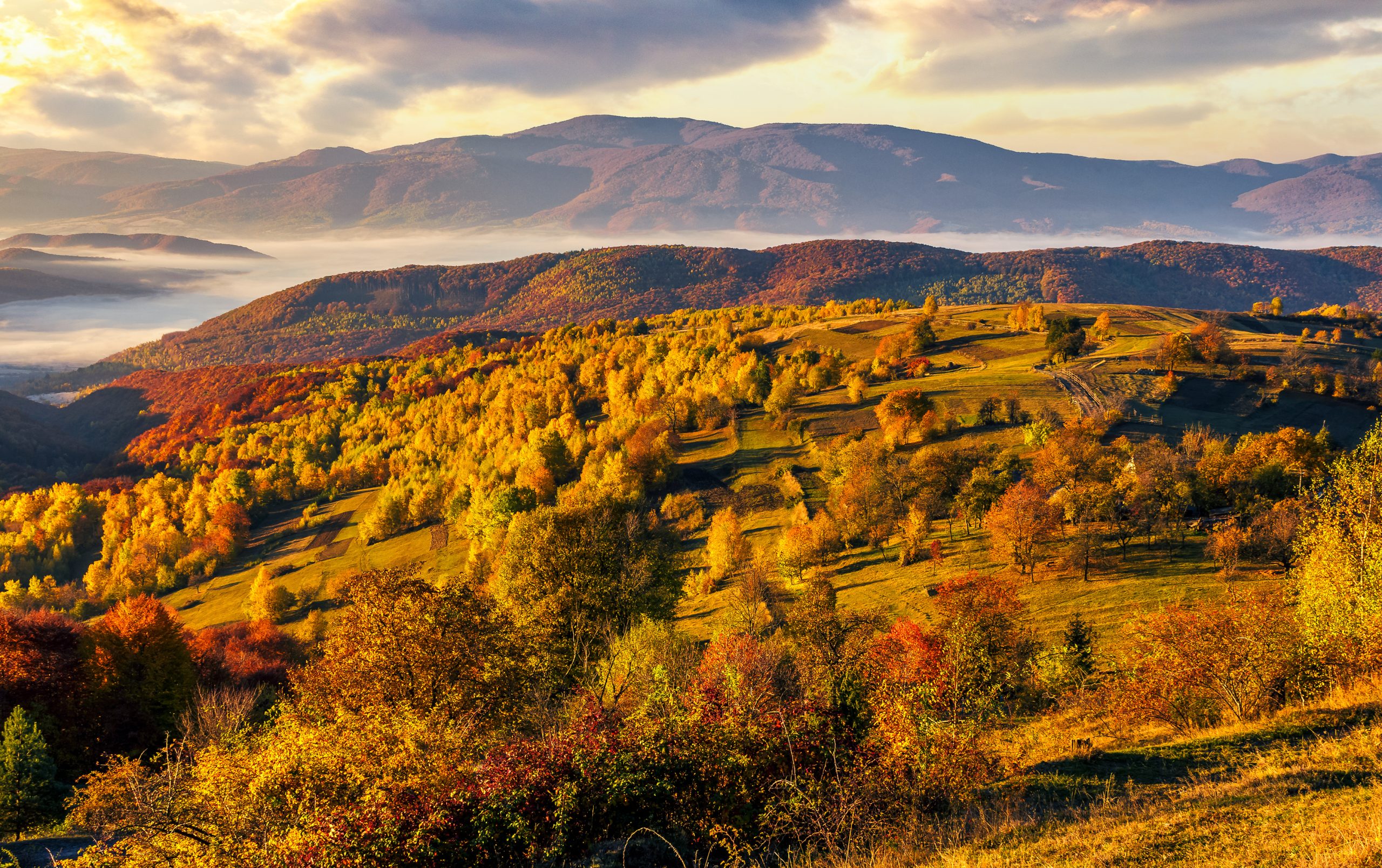 Gyllen soloppgang over fjell og åkre