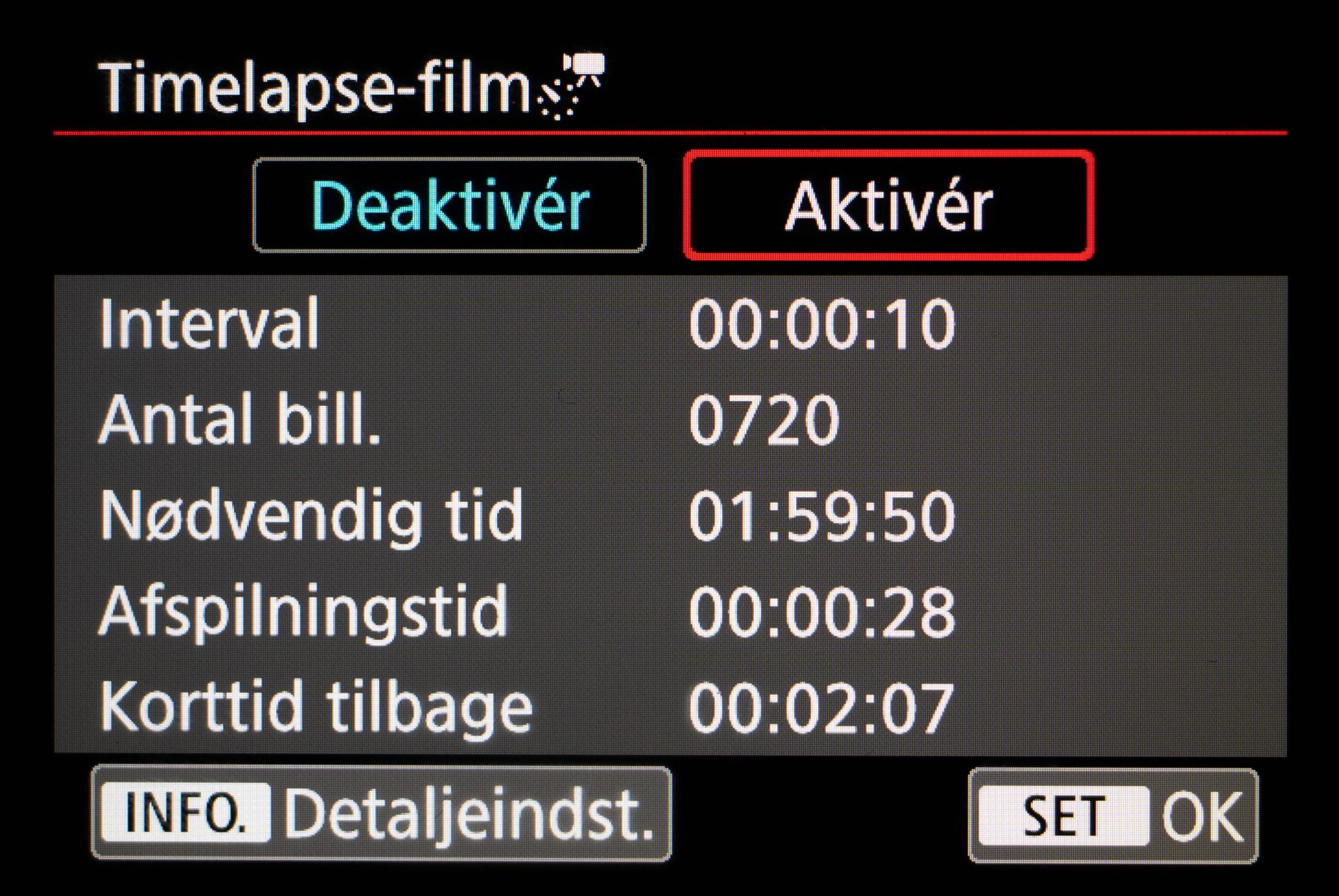 Timelapse-valikko Canon-kamera